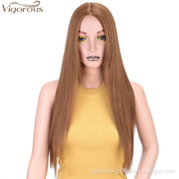 Vigorous Long Silky Straight Synthetic Wigs Middle Part Honey Brown Natural Looking Cospaly Daily Use Wigs Wholesale Price